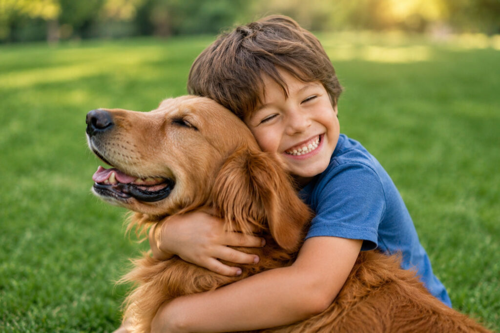Seguros que te acompañan en cada momento niño jungando con perro al aire libre